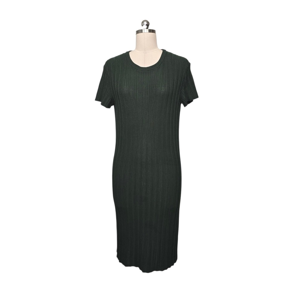MM LaFleur Dark Green Mercerized Cotton Ribbed Short Sleeve Midi Dress Small